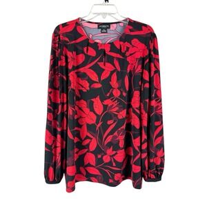 Liz Claiborne 2X Shirt Top Liquid Knit Red Floral Purple Black Balloon Sleeve